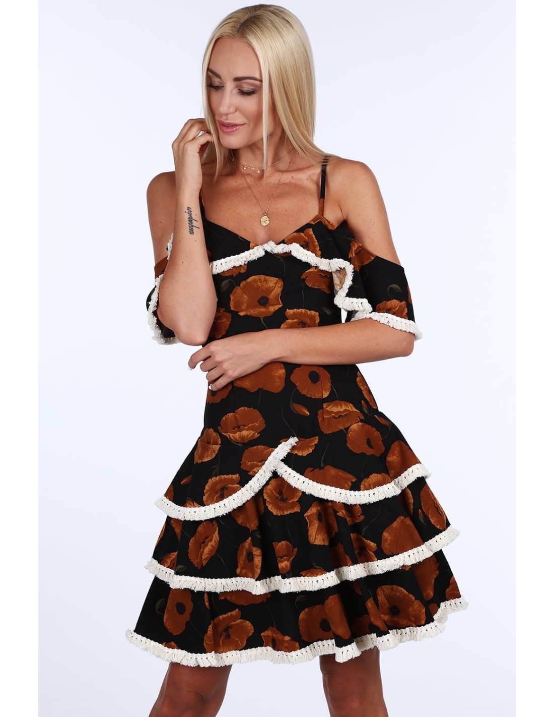 Dress with ruffles, brown poppies 1775 - Online store - Boutique